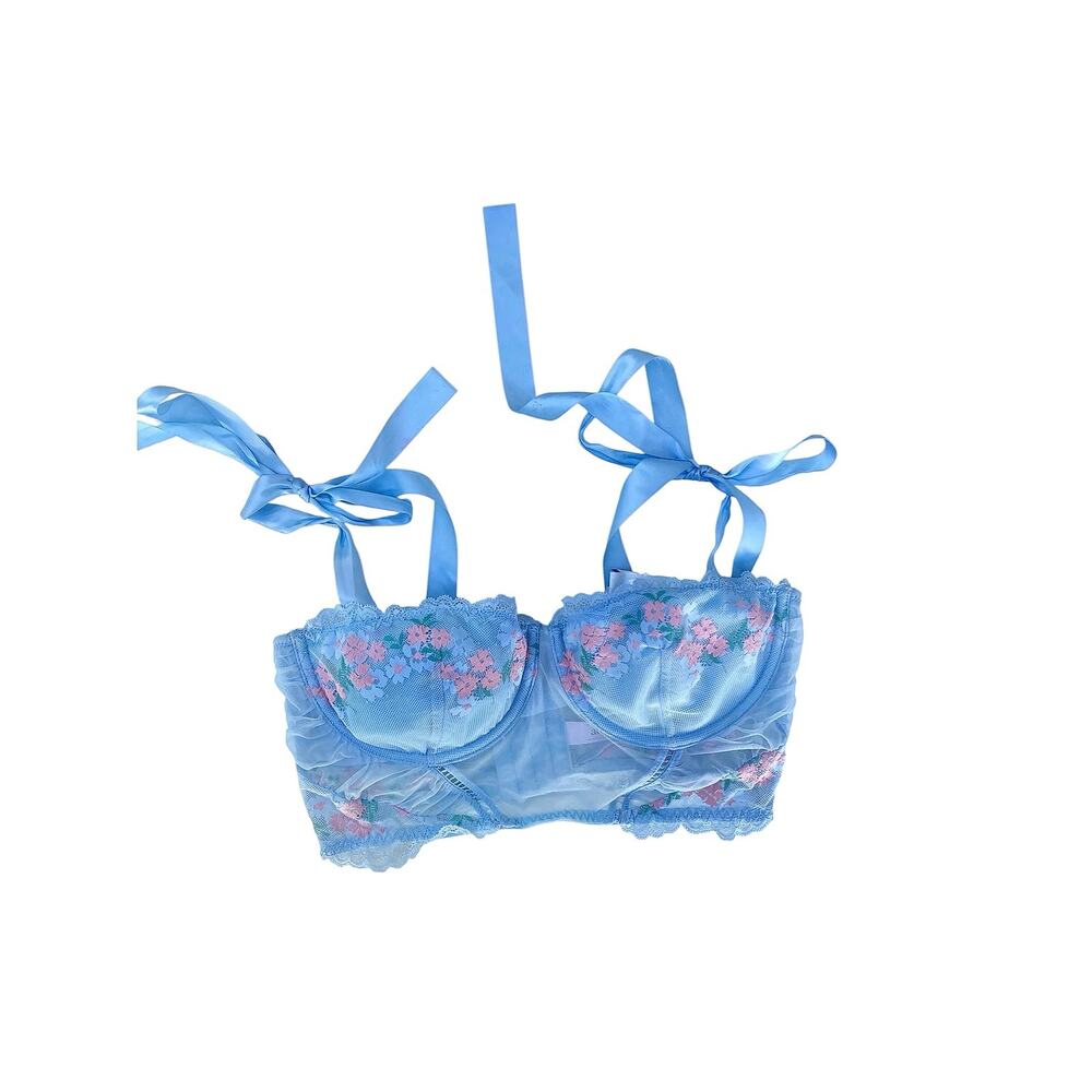 Y2K Powder Blue Floral Embroidered Mesh Longline Bustier Corset Bow Lingerie Top